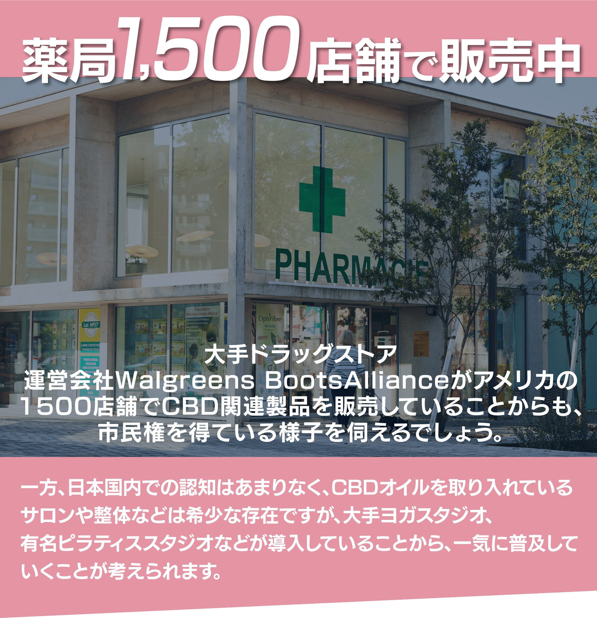 薬局1,500店舗で販売中
大手ドラッグストア
運営会社Walgreens BootsAllianceがアメリカの1,500店舗でCBD関連製品を販売していることからも、市民権を得ている様子が伺えるでしょう。
一方、日本国内での認知はあまりなく、CBDオイルを取り入れているサロンや整体などは希少な存在ですが、大手ヨガスタジオ、有名ピラティススタジオなどが導入していることから、一気に普及していくことが考えられます。