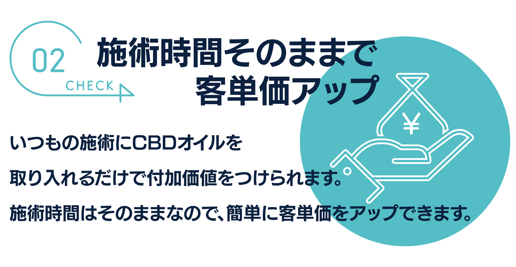 施術時間そのままで客単価アップ
いつもの施術にCBDオイルを
取り入れるだけで付加価値をつけられます。
施術時間はそのままなので、簡単に客単価をアップできます。